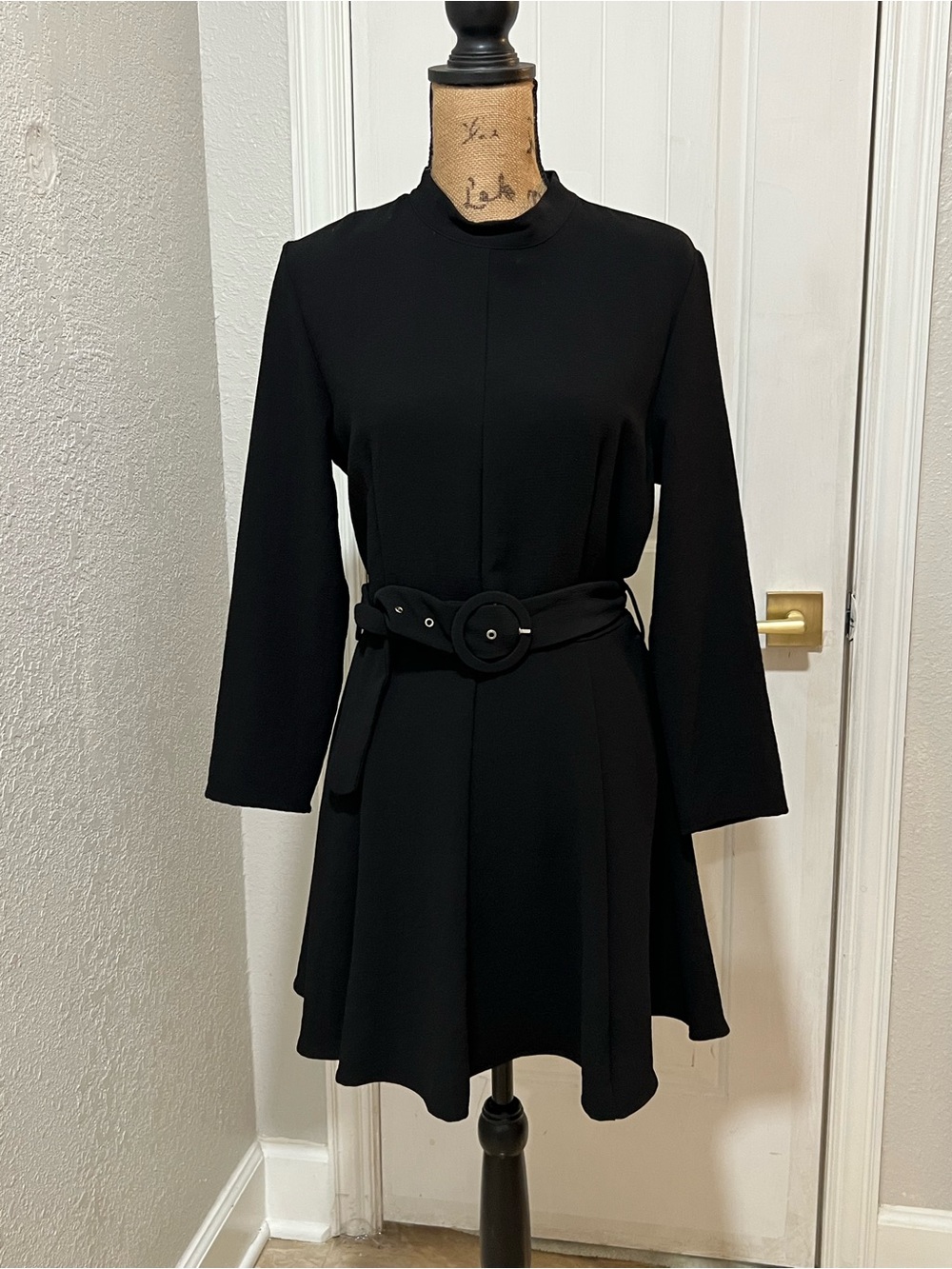 Zara Black Long-Sleeve Belted A-Line Dress